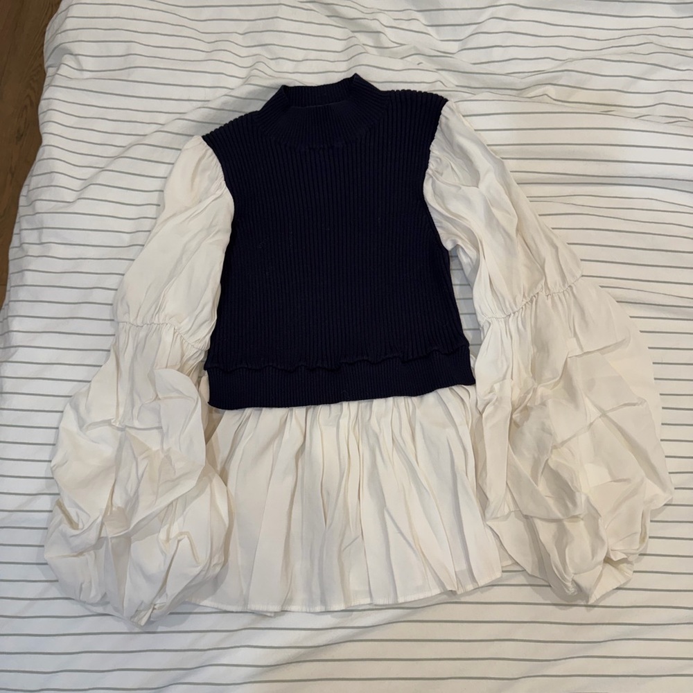 Navy and White Layered Peplum Blouse with Puff Sleeves